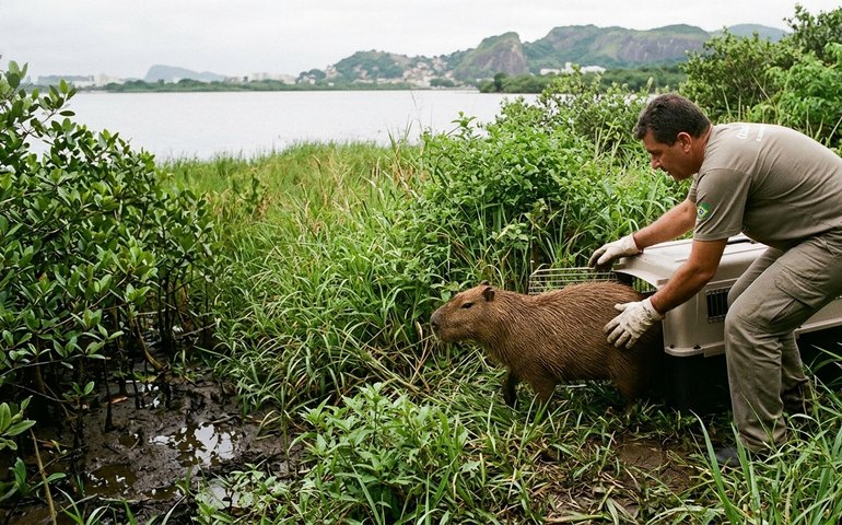 Capivara agredida na Ilha do Governador é devolvida ao habitat natural