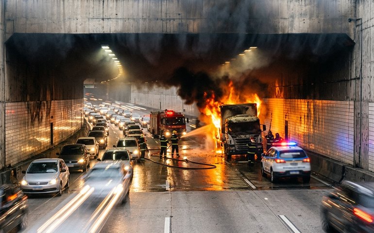 Caminhão pega fogo e interdita Túnel da Covanca, na Linha Amarela