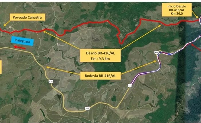 Mapa destaca área que será interditada na rodovia