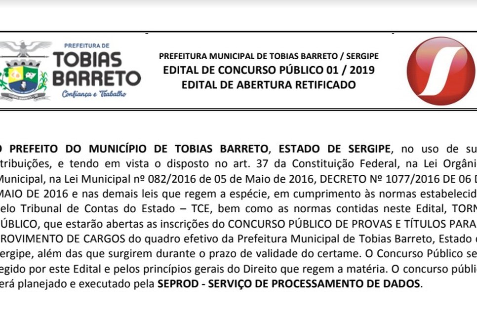 PREFEITURA DE TOBIAS BARRETO EDITAL CONCURSO PÚBLICO