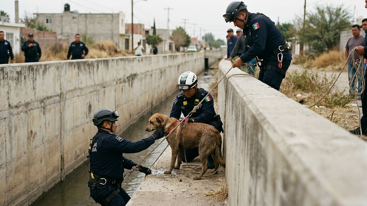 Polícia resgata cachorro preso em canal no México