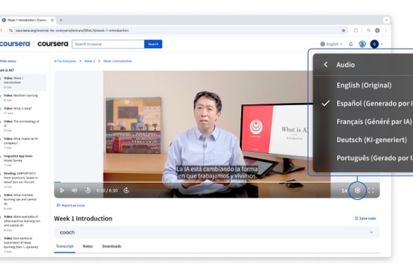 Coursera lança cursos dublados com IA em Espanhol, Francês, Português Brasileiro e Alemão