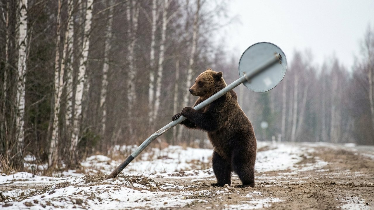 Isso é um sinal: urso brincando com placa de estrada é captado na Rússia