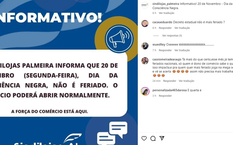 SINDLOJAS Palmeira desafia decreto estadual e determina funcionamento do comércio no dia da Consciência Negra