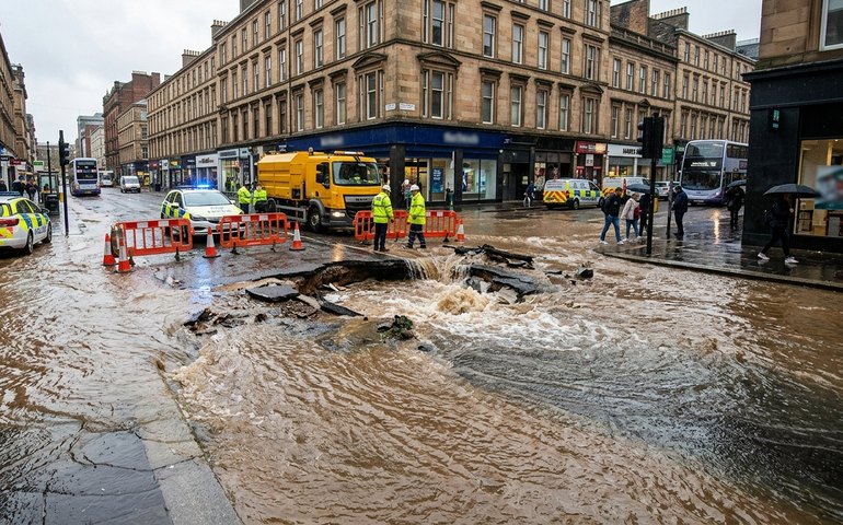 Rompimento de tubulação provoca transtornos no centro de Glasgow