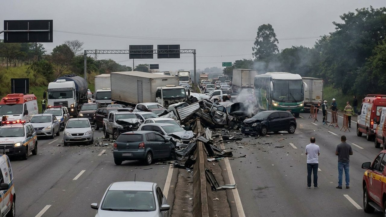 Acidente com 14 veículos na BR-262, em Betim, deixa um morto e cinco feridos