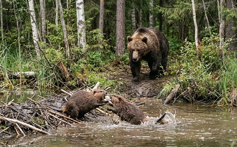 Urso-pardo interrompe disputa entre castores nos arredores de São Petersburgo