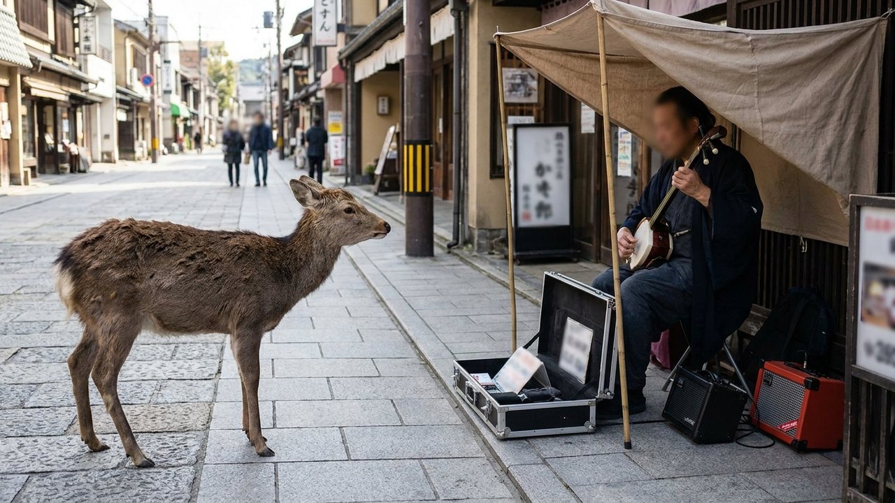 Cervo se torna espectador exclusivo de apresentação de rua no Japão