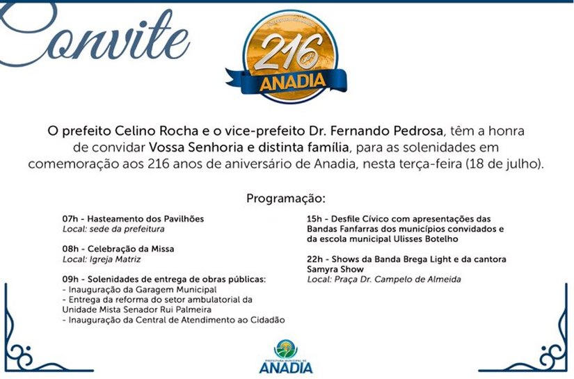 Anadia tem programação especial para comemorar 216 anos de aniversário
