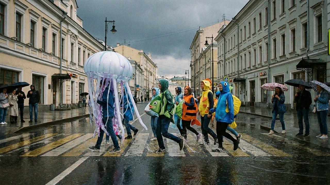 Chuva intensa vira cenário de diversão para criaturas marinhas em Moscou