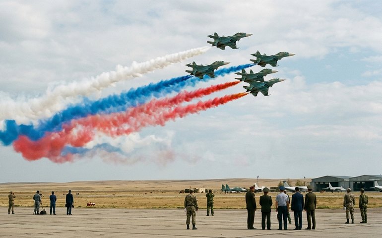 Caças do Cazaquistão desenham bandeira russa no céu para recepcionar Vladimir Putin