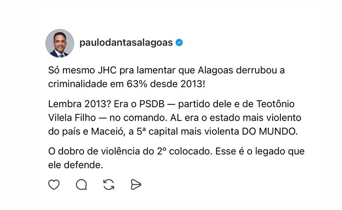 Dantas em postagem nas redes sociais