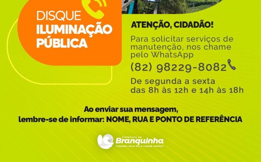 Disque Iluminação: Prefeitura de Branquinha lança canal de atendimento ao cidadão