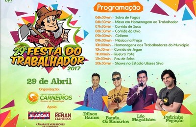 Carneiros realiza neste sábado, dia 29, grande festa do Dia do Trabalhador 