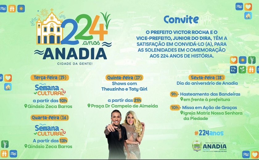224 anos: Prefeitura de Anadia anuncia programação da Semana Cultural