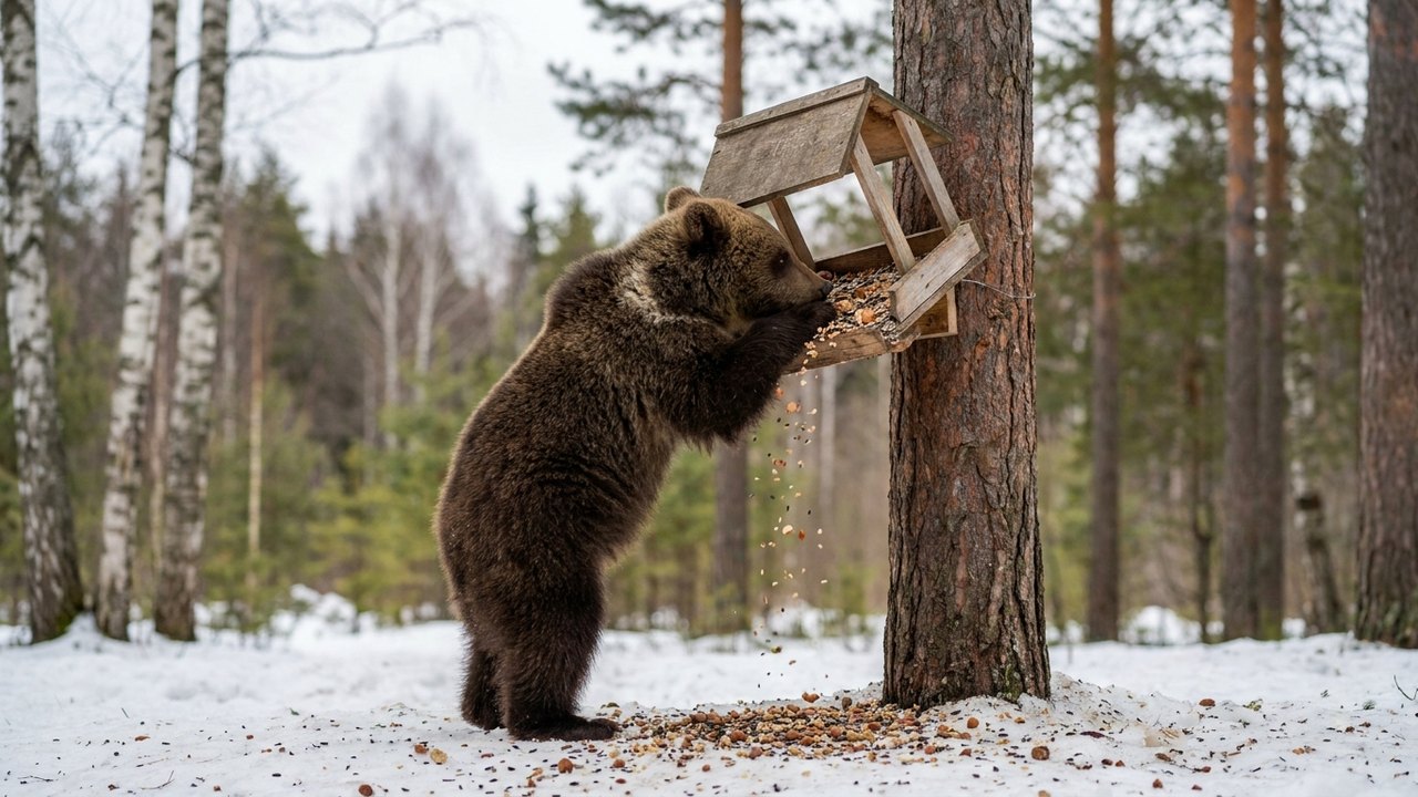 Filhote de urso é flagrado roubando alimentadores de esquilos em parque na Rússia