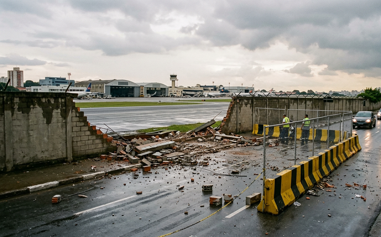 Chuva derruba parte de muro do Aeroporto de Congonhas, em São Paulo