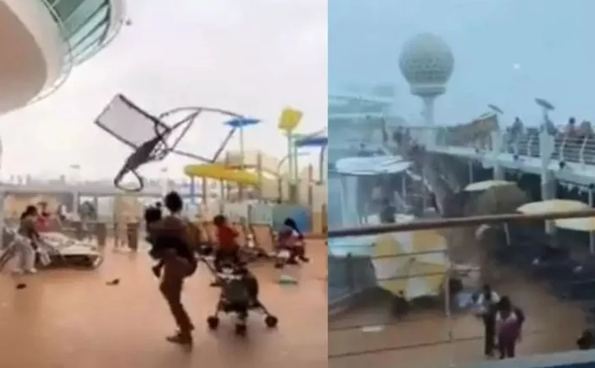 Tempestade atinge cruzeiro nos EUA e passageiros tentam se proteger de ventania