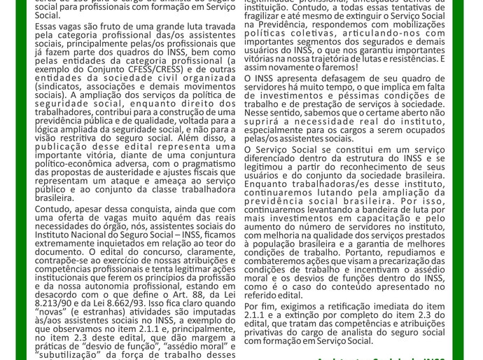 Assistentes Sociais manifestam-se contrários a conteúdo de edital do INSS