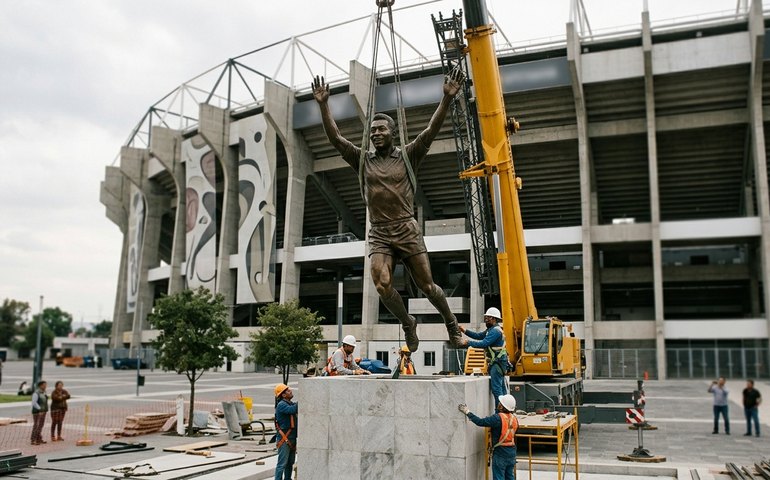 Estátua de Pelé com quase 10 metros de altura é instalada em frente a estádio no México