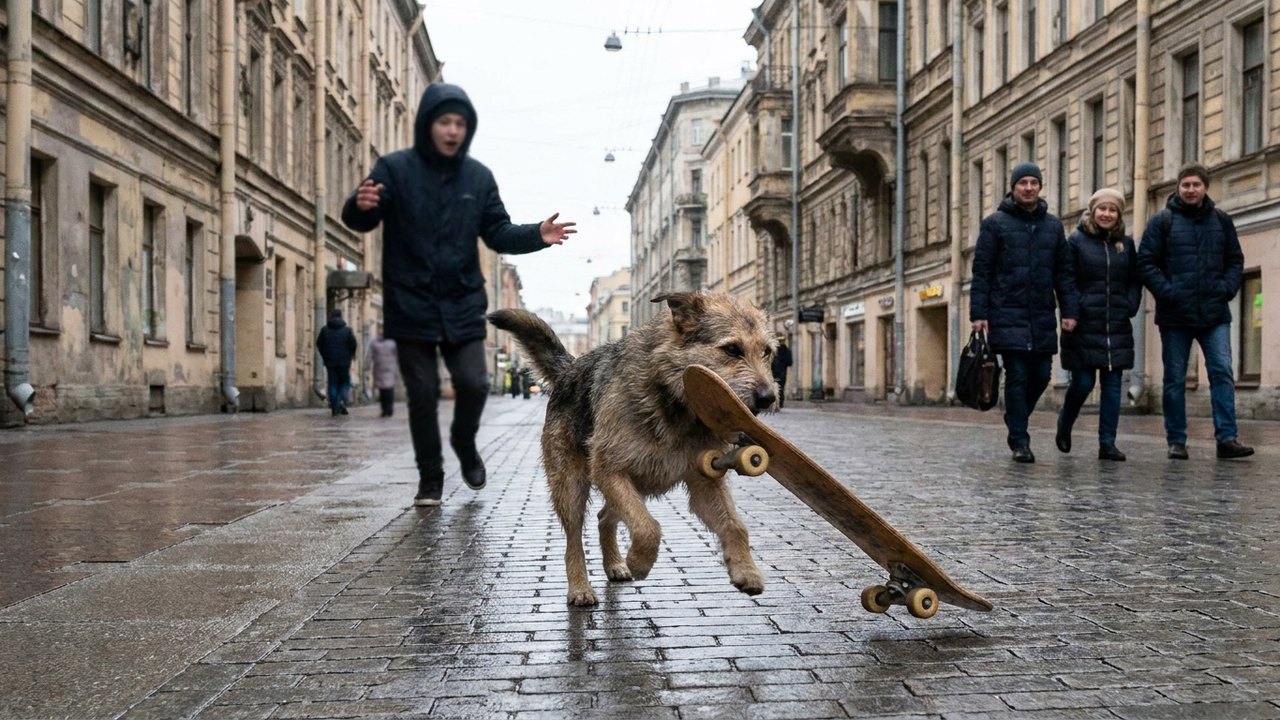Cachorro ousado rouba skate de adolescente bem no centro de São Petersburgo