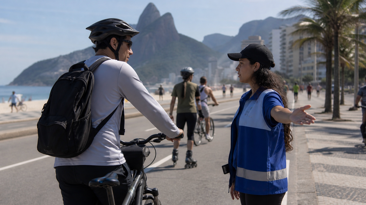Primeiro dia de ciclofaixa para autopropelidos tem dúvidas e orientações na orla do Rio