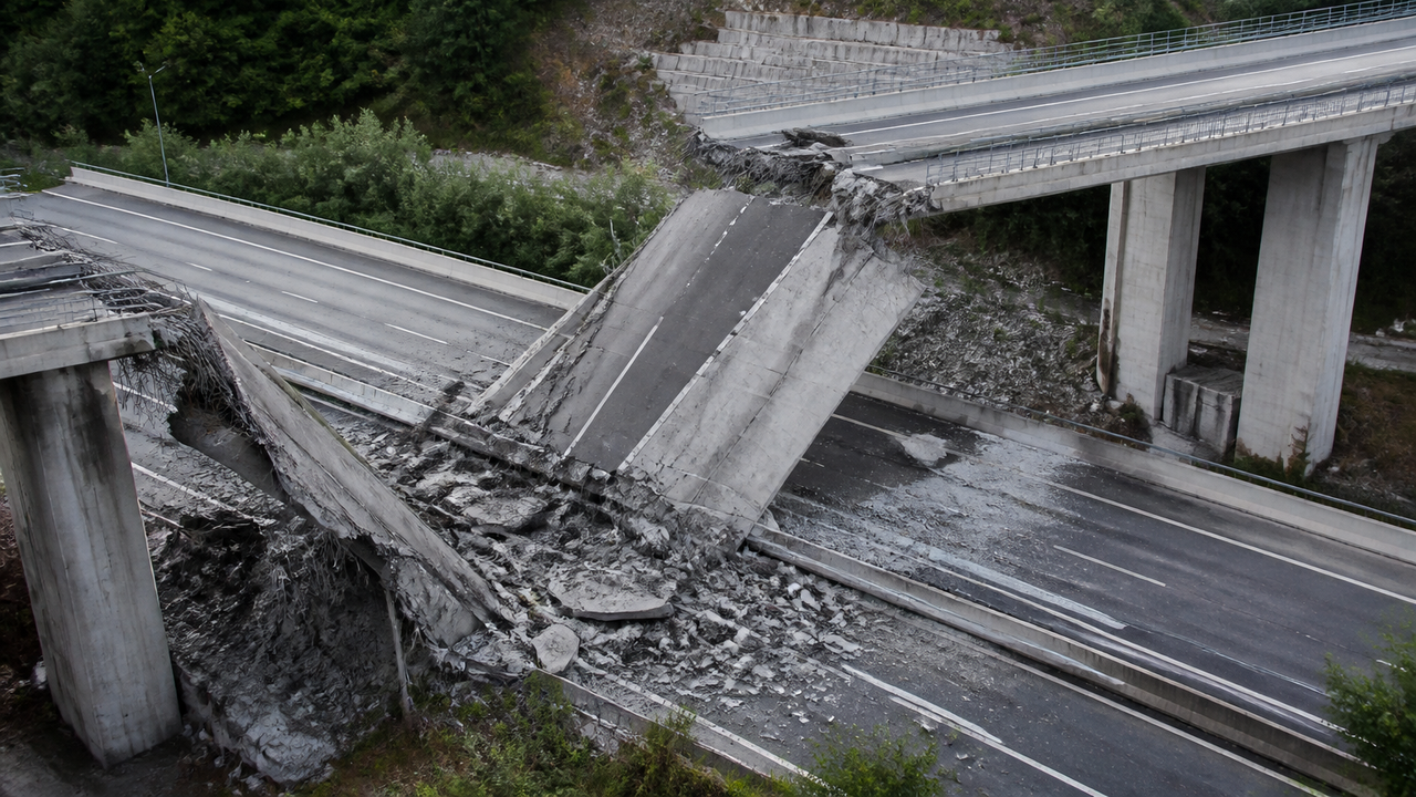 Partes de um viaduto desabaram sobre uma rodovia na Itália