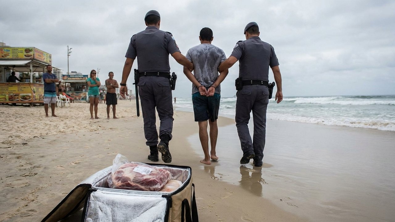 Homem furta carne de comércio no litoral de SP e tenta fugir pelo mar