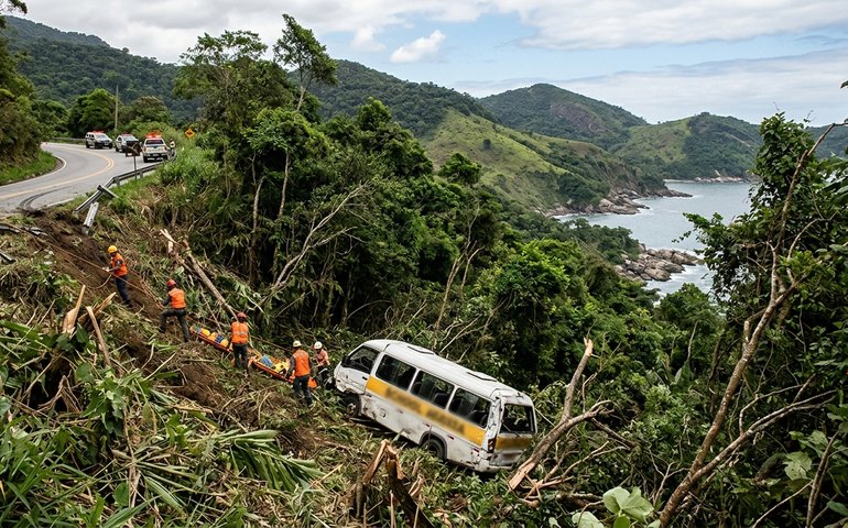 Van escolar cai de ribanceira e deixa oito feridos na Costa Verde do Rio