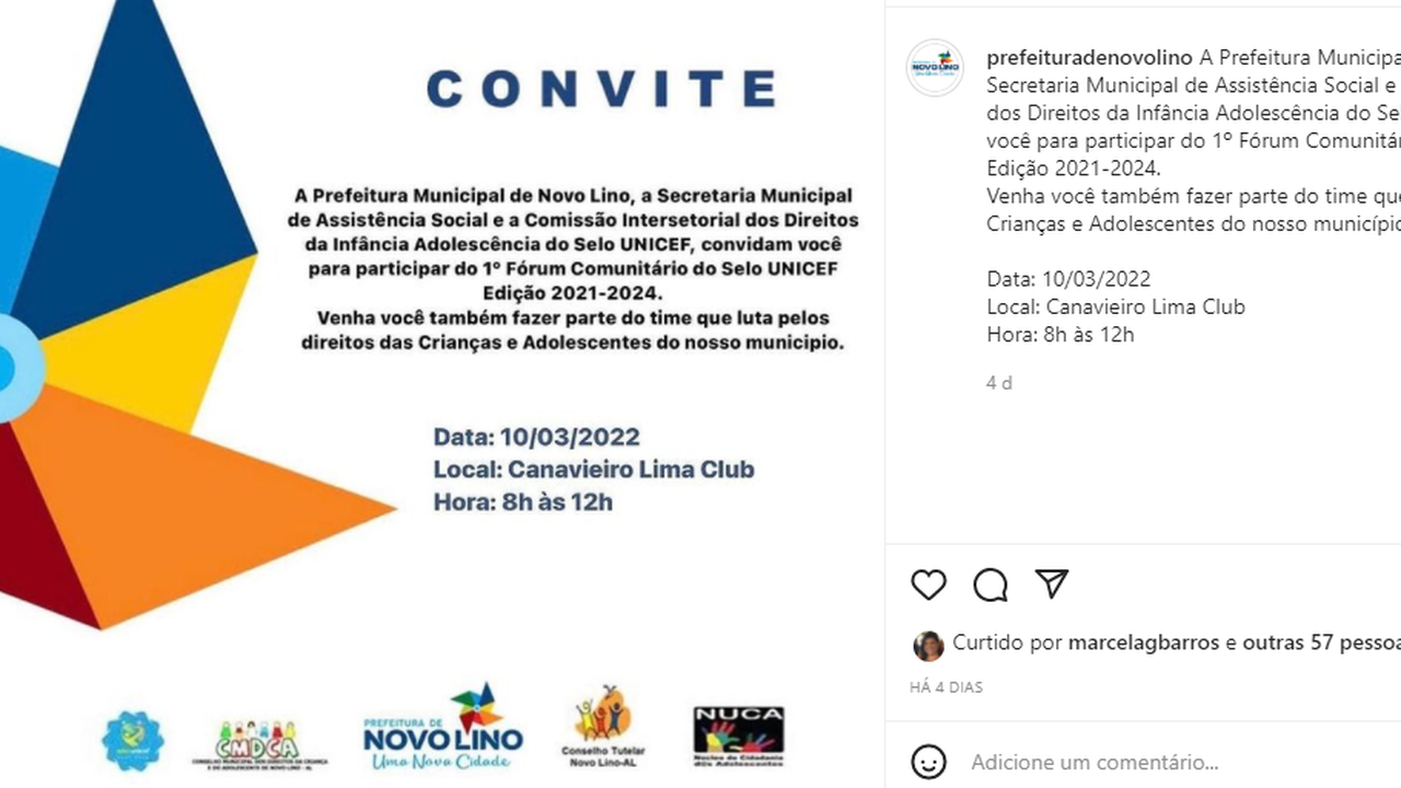 Prefeitura de Novo Lino promove 1º fórum comunitário do Selo Unicef 2021-2024 nesta quinta, 10