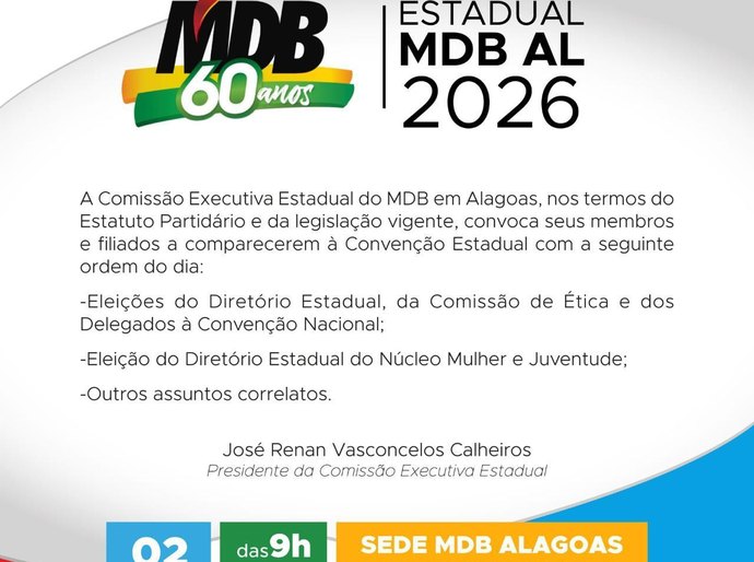 Senador Renan convoca membros e filiados do MDB para a convenção estadual em 2 de março