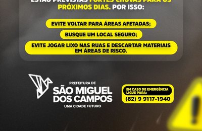 Defesa Civil de São Miguel dos Campos pede para moradores das áreas de risco não voltarem às suas casas
