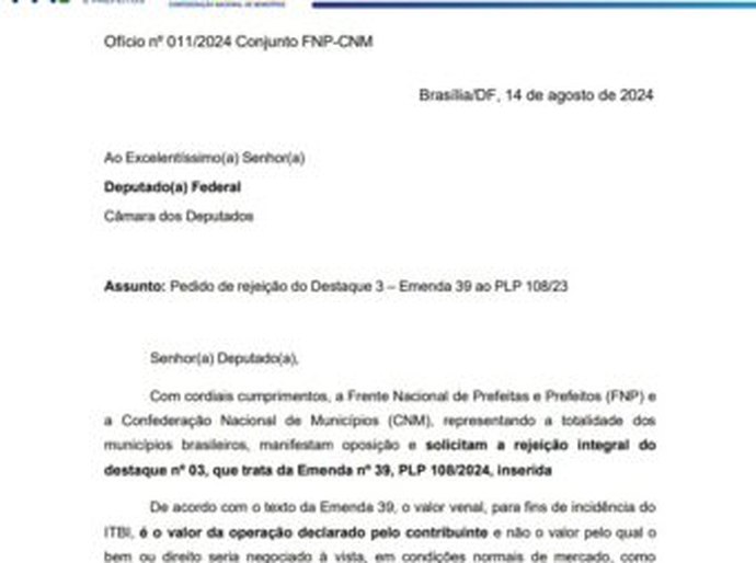 CNM encaminha ofício com pedido de rejeição a destaque do PLP 108/23