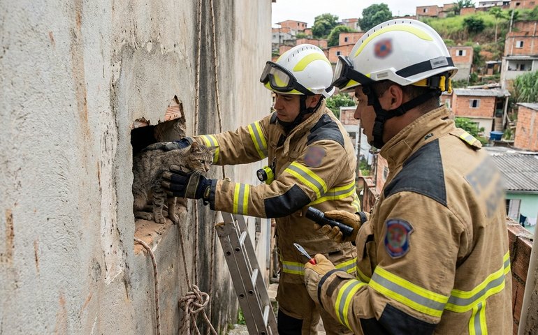 Bombeiros resgatam gato preso entre paredes em MG