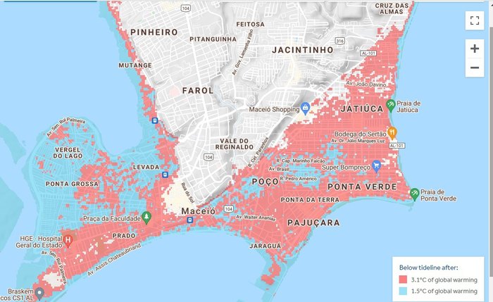 Mapa destaca áreas de Maceió ameaçadas pelo efeito climático