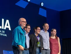 3 - Marcelo Tas, José Frederico, Secretaria de Ciência, Tecnologia e Inovação do Estado de Goiás, Prof. Lauriane de Lourenço, Chefe do Núcleo do Ensino Médio na SEDUC-GO, Anderson Soares, CEIA-UFG, e Marina Barreto.jpg 