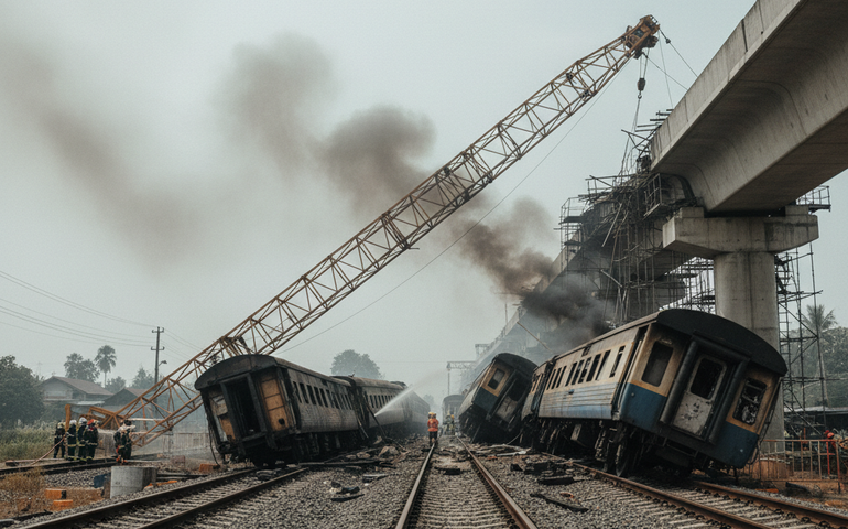 Guindaste desaba sobre trem na Tailândia, provoca incêndio e deixa dezenas de mortos