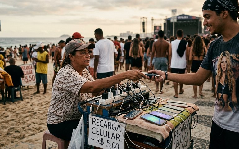‘Vendo energia para o show da Shakira’: ambulante fatura até R$ 300 carregando celulares em Copacabana