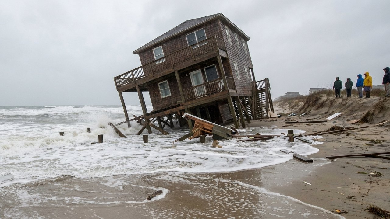 Casa costeira na Carolina do Norte desaba no oceano