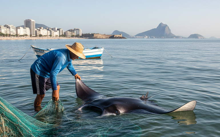 Raia-manta é resgatada e devolvida ao mar entre Copacabana e Ilhas Cagarras
