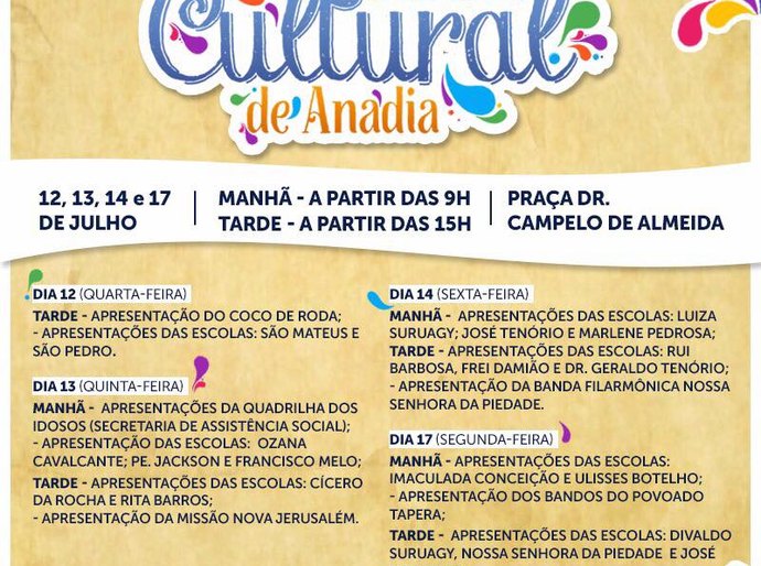 Prefeitura de Anadia promove ‘Semana Cultural’ a partir desta quarta-feira