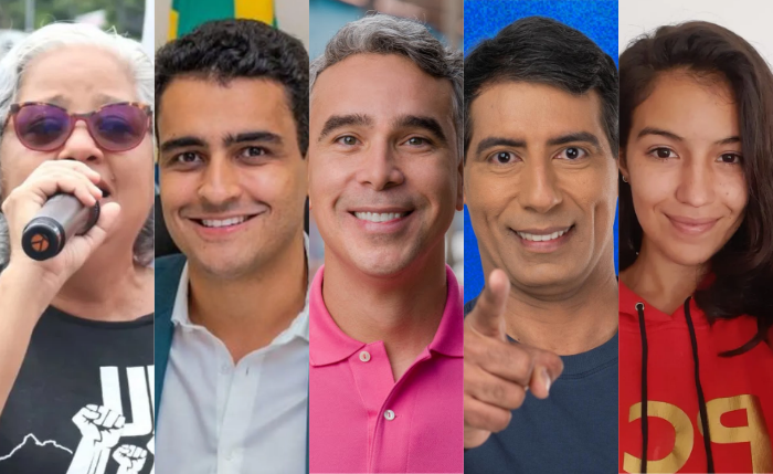 Os candidatos à Prefeitura de Maceió Lenilda Luna (UP), JHC (PL), Rafael Brito (MDB), Lobão (Solidariedade) e Nina Tenório (PCO)