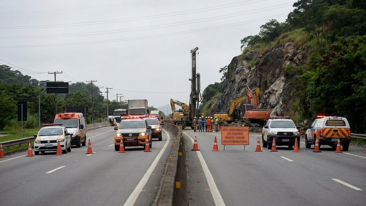 Dutra terá interdição total por até 45 minutos para detonação de rochas em Queimados neste sábado