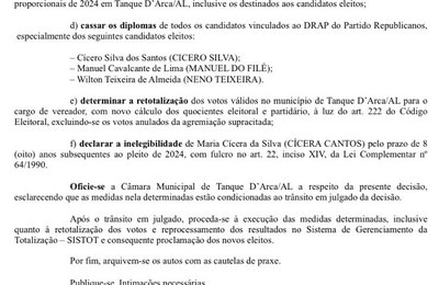 Justiça Eleitoral cassa chapa do Republicanos em Tanque D’Arca por fraude à cota de gênero
