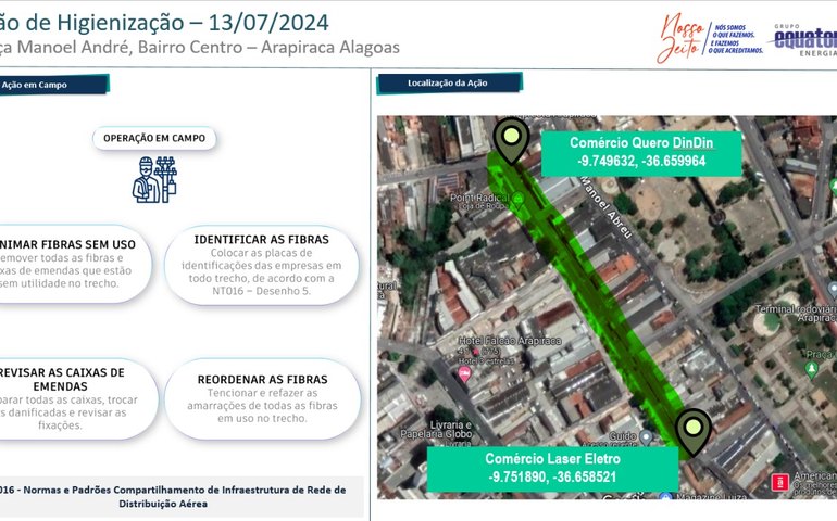 Sindilojas informa: Equatorial faz reordenamento de cabos de telecomunicações no Centro de Arapiraca