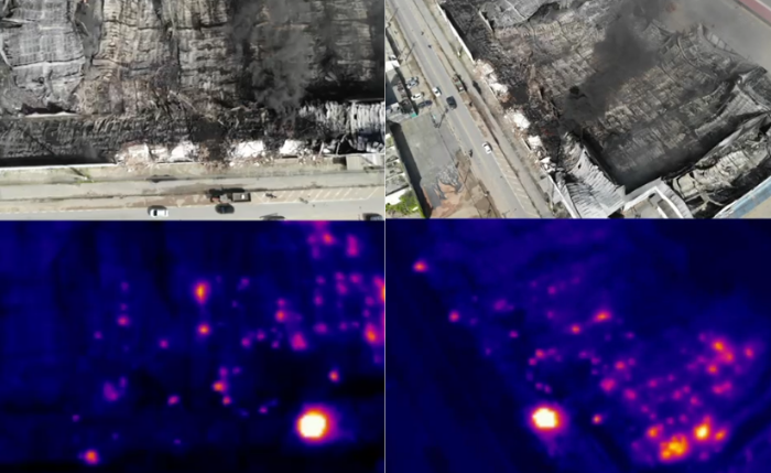 Drone com câmera térmica identifica áreas com alta temperatura após incêndio Drone com câmera térmica identifica áreas com alta temperatura após incêndio