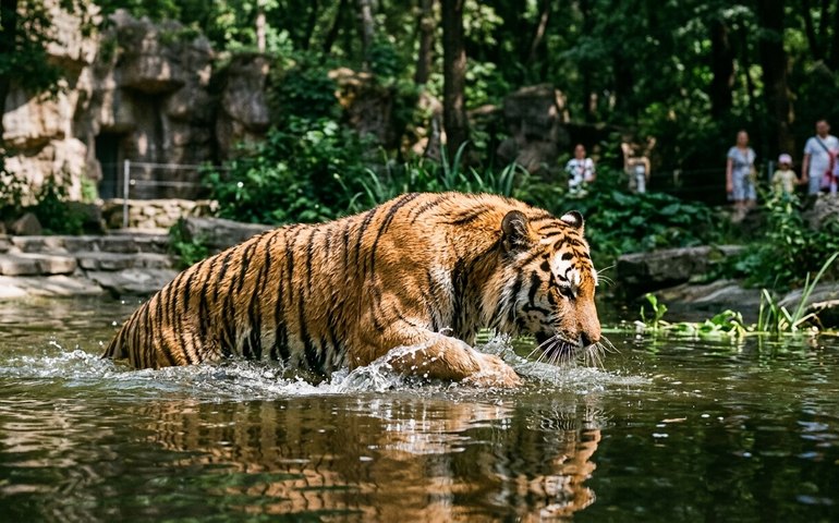 Tigre-siberiano se refresca durante onda de calor no Zoológico de Moscou