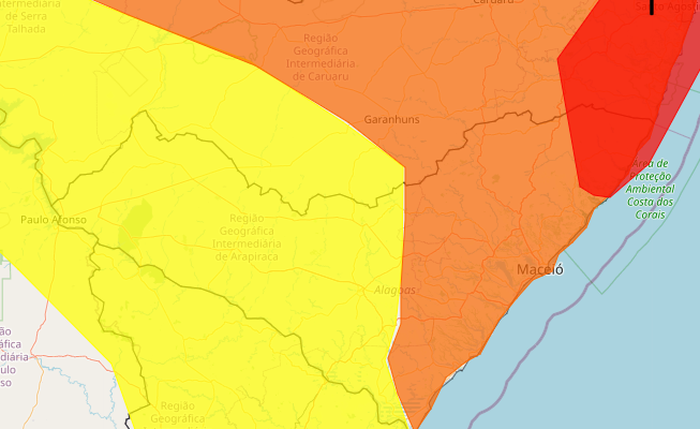 Alertas de Perigo, Grande Perigo e Perigo Potencial foram emitidos para Alagoas