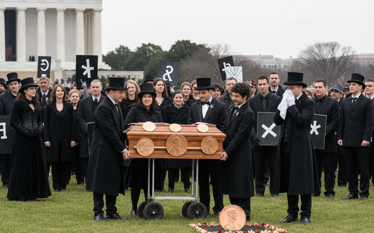 Funeral simbólico marca fim da moeda de um centavo nos EUA com sátira e homenagem