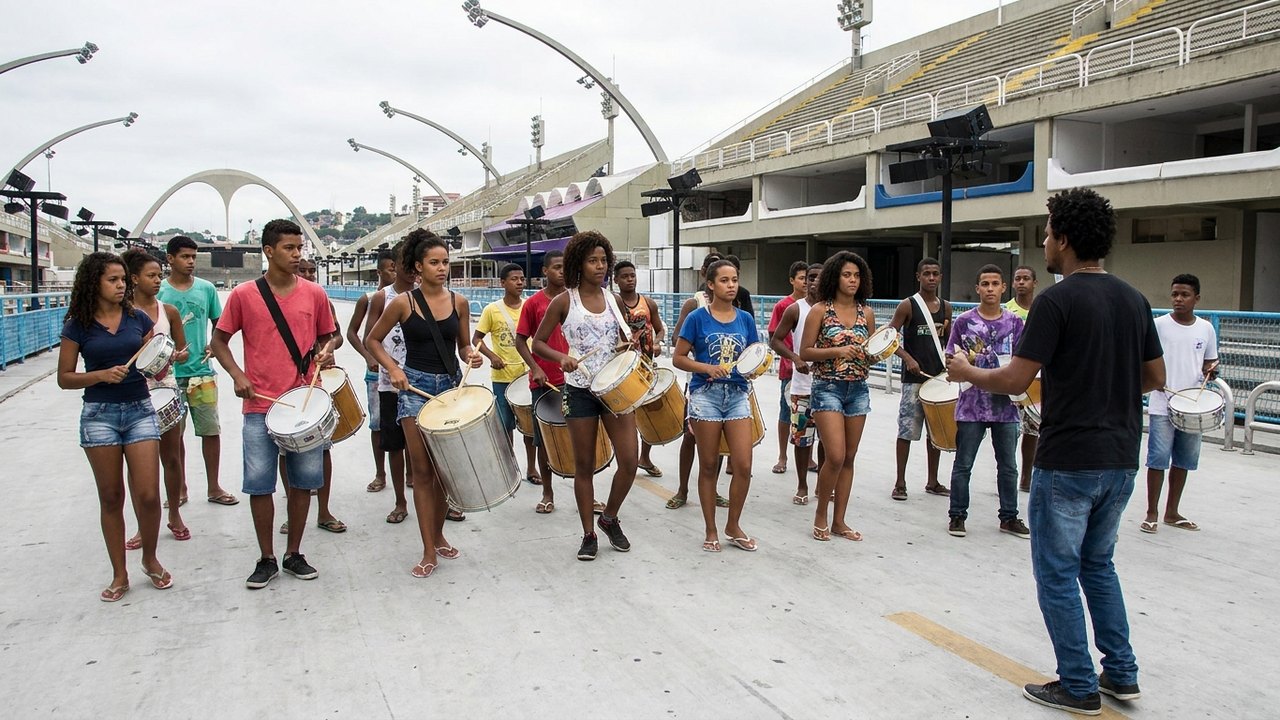 Bloco de Magé leva alunos de percussão para aula prática no Sambódromo